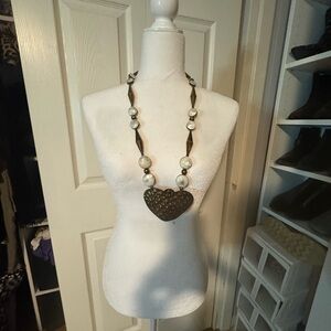 Vintage Heart Pendant Metal Hammered Abalone Necklace